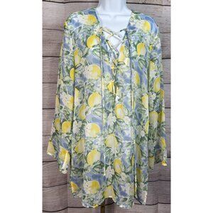 Cato Lemon Print Sheer Beach Cover Up V-Neck Drawstring Long Sleeve One Size